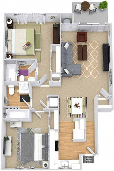 Floor plan for 2 beds, 2 baths, 904 sqft